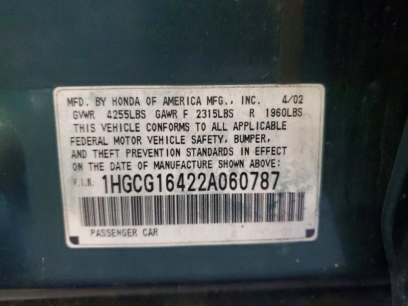 Продаж на аукціоні авто 2002 Honda Accord, vin: 1HGCG16422A060787, номер лоту: 60960356