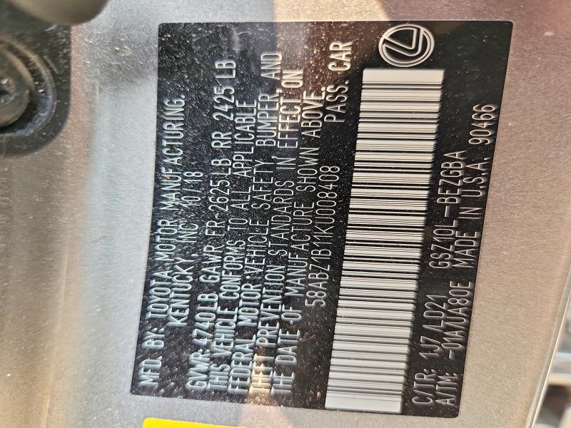 61190236 :رقم المزاد ، 58ABZ1B11KU008408 vin ، 2019 Lexus Es مزاد بيع