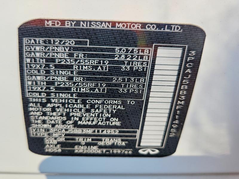 2021 Infiniti Qx50 მანქანა იყიდება აუქციონზე, vin: 3PCAJ5BB3MF114952, აუქციონის ნომერი: 61748686