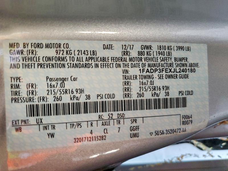 2018 Ford Focus მანქანა იყიდება აუქციონზე, vin: 1FADP3FEXJL240180, აუქციონის ნომერი: 62991976