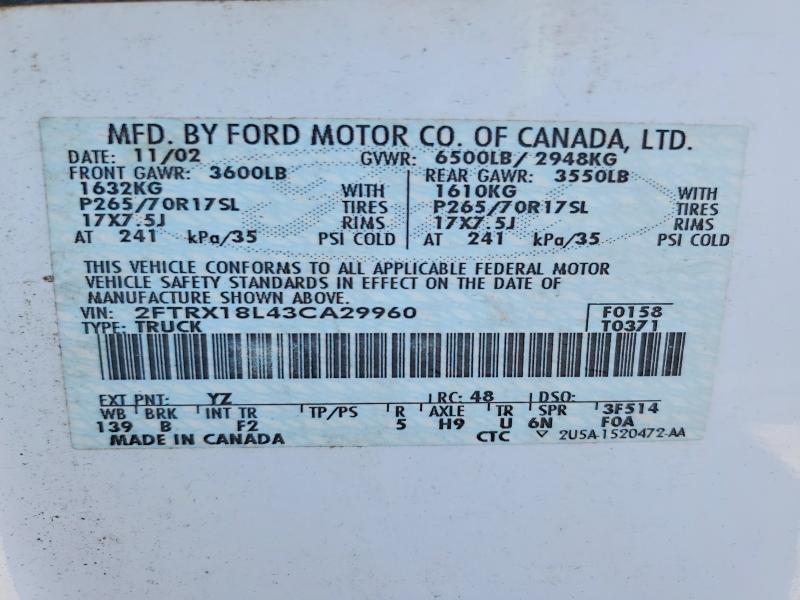 Aukcja sprzedaży 2003 Ford F150, vin: 2FTRX18L43CA29960, numer aukcji: 60251506