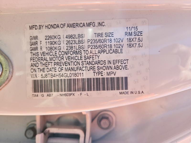 60024756 :رقم المزاد ، 5J8TB4H54GL018011 vin ، 2016 Acura Rdx مزاد بيع
