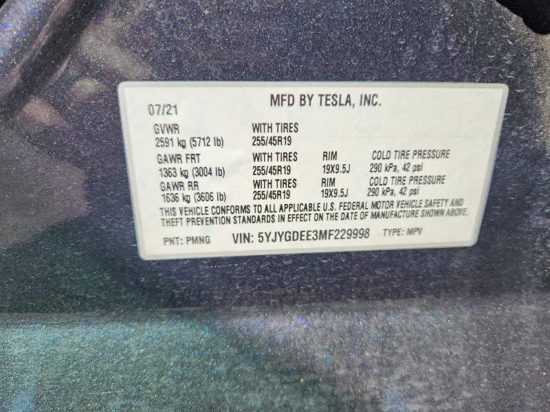 Продаж на аукціоні авто 2021 Tesla Model Y, vin: 5YJYGDEE3MF229998, номер лоту: 59245476