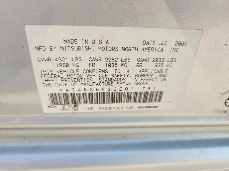 Продажа на аукционе авто 2006 Mitsubishi Galant, vin: 4A3AB36F26E011781, номер лота: 61993976