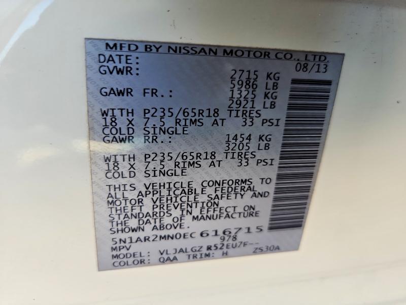 61363666 :رقم المزاد ، 5N1AR2MN0EC616715 vin ، 2014 Nissan Pathfinder مزاد بيع