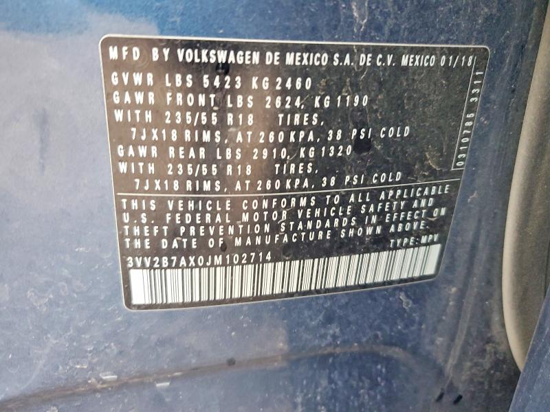 Продаж на аукціоні авто 2018 Volkswagen Tiguan, vin: 3VV2B7AX0JM102714, номер лоту: 63291686