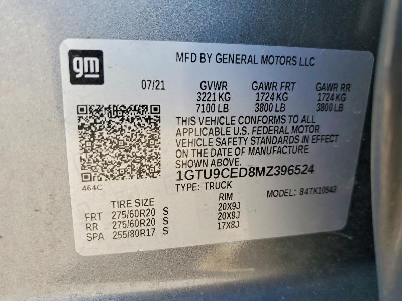 Aukcja sprzedaży 2021 Gmc Sierra, vin: 1GTU9CED8MZ396524, numer aukcji: 61391976