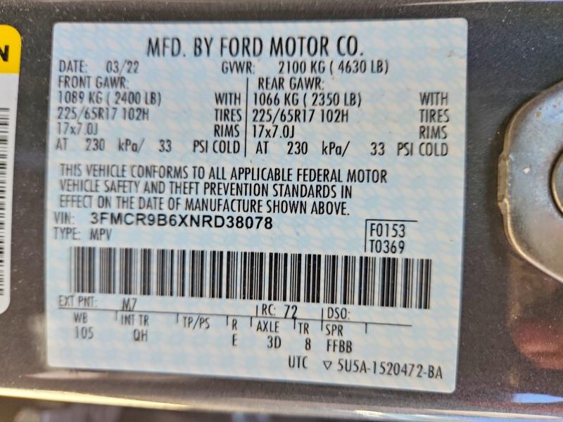 Aukcja sprzedaży 2022 Ford Bronco Sport, vin: 3FMCR9B6XNRD38078, numer aukcji: 63039466