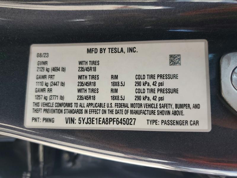Продажа на аукционе авто 2023 Tesla Model 3, vin: 5YJ3E1EA8PF645027, номер лота: 56140926