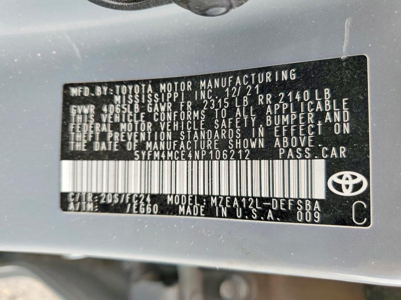 61730686 :رقم المزاد ، 5YFM4MCE4NP106212 vin ، 2022 Toyota Corolla مزاد بيع