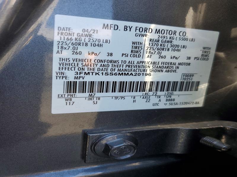 2021 Ford Mustang Mach-e მანქანა იყიდება აუქციონზე, vin: 3FMTK1SS6MMA20196, აუქციონის ნომერი: 60202146