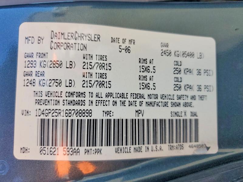2006 Dodge Caravan მანქანა იყიდება აუქციონზე, vin: 1D4GP25R16B708898, აუქციონის ნომერი: 62702936