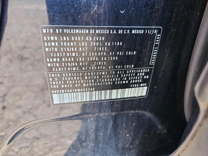 Продаж на аукціоні авто 2019 Volkswagen Tiguan, vin: 3VV2B7AX1KM043240, номер лоту: 62881476