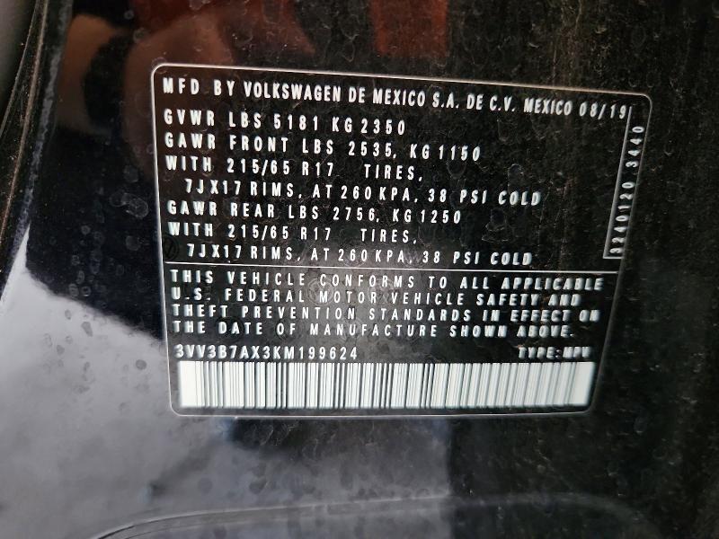62753076 :رقم المزاد ، 3VV3B7AX3KM199624 vin ، 2019 Volkswagen Tiguan مزاد بيع