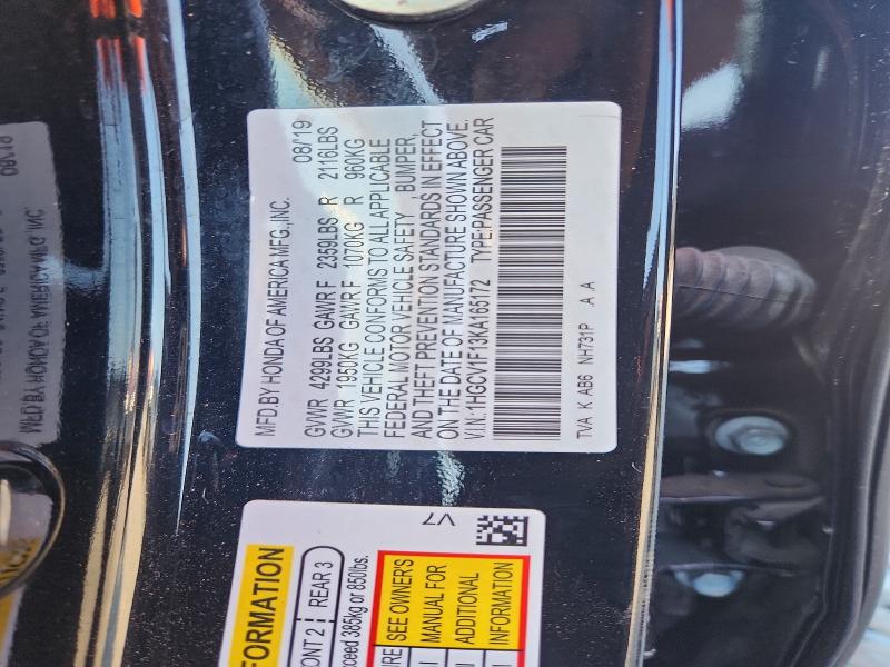 2019 Honda Accord მანქანა იყიდება აუქციონზე, vin: 1HGCV1F13KA165172, აუქციონის ნომერი: 60388056