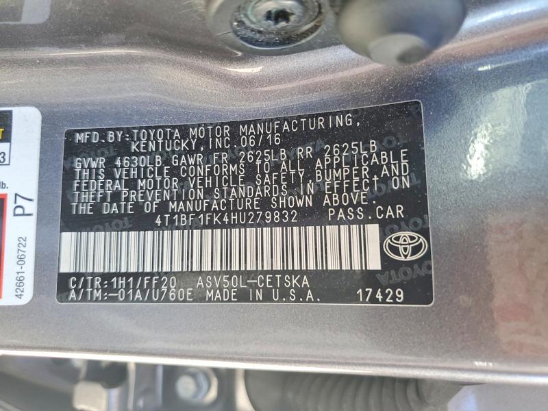 2017 Toyota Camry მანქანა იყიდება აუქციონზე, vin: 4T1BF1FK4HU279832, აუქციონის ნომერი: 62995626