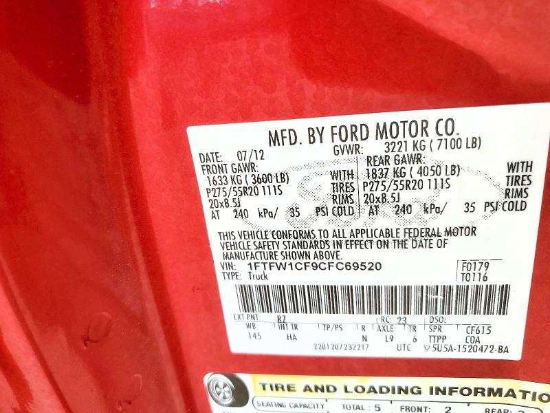 85980445 :رقم المزاد ، 1FTFW1CF9CFC69520 vin ، 2012 Ford F150 مزاد بيع