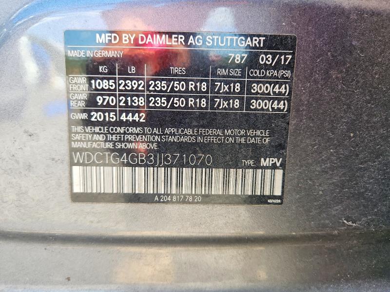 Aukcja sprzedaży 2018 Mercedes-benz Gla, vin: WDCTG4GB3JJ371070, numer aukcji: 60230106
