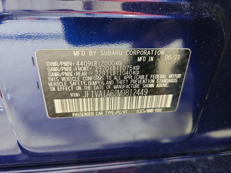 Aukcja sprzedaży 2021 Subaru Wrx, vin: JF1VA1A62M9812449, numer aukcji: 59759616