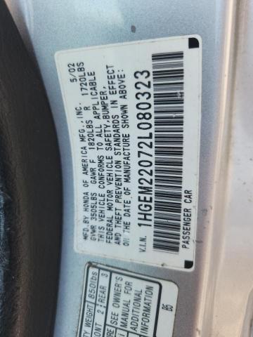 2002 Honda Civic მანქანა იყიდება აუქციონზე, vin: 1HGEM22072L080323, აუქციონის ნომერი: 58597146