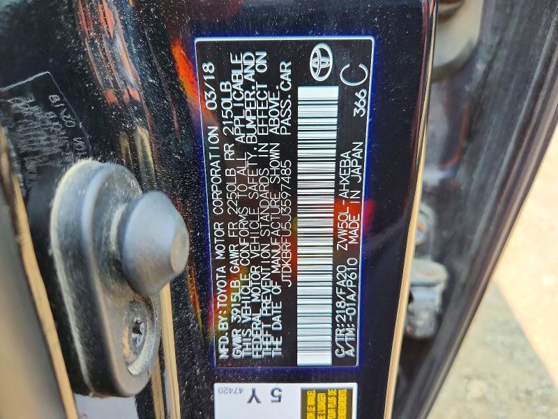 2018 Toyota Prius მანქანა იყიდება აუქციონზე, vin: JTDKBRFU5J3597485, აუქციონის ნომერი: 60583896