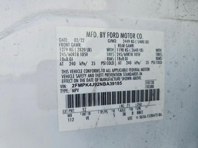 2022 Ford Edge მანქანა იყიდება აუქციონზე, vin: 2FMPK4J92NBA39185, აუქციონის ნომერი: 60160226
