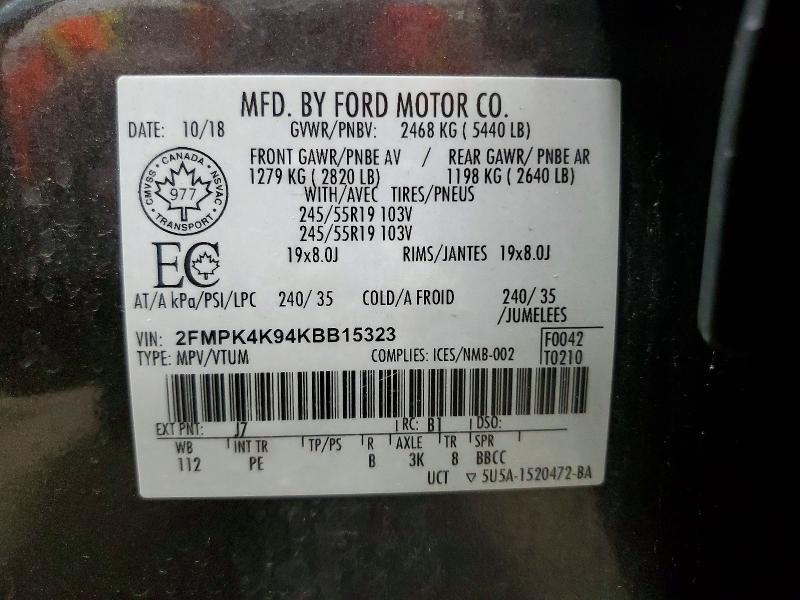 2019 Ford Edge მანქანა იყიდება აუქციონზე, vin: 2FMPK4K94KBB15323, აუქციონის ნომერი: 62009266