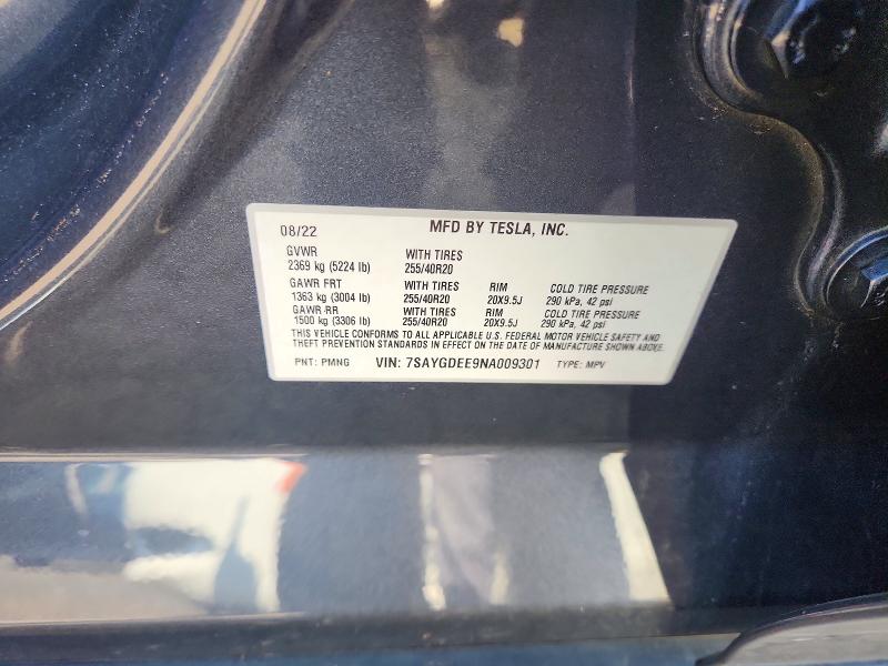 59829546 :رقم المزاد ، 7SAYGDEE9NA009301 vin ، 2022 Tesla Model Y مزاد بيع