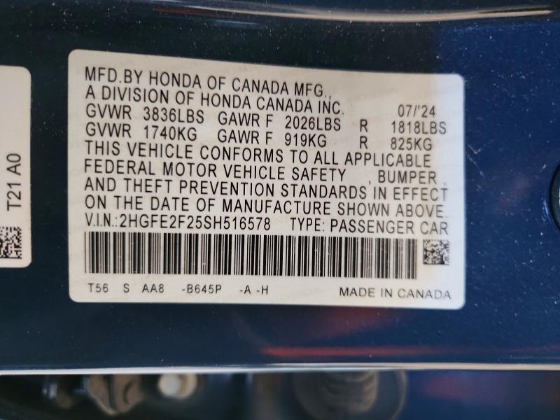 Продаж на аукціоні авто 2025 Honda Civic, vin: 2HGFE2F25SH516578, номер лоту: 59092316