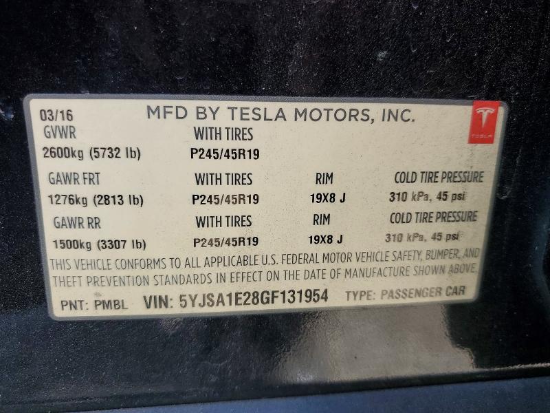 2016 Tesla Model S მანქანა იყიდება აუქციონზე, vin: 5YJSA1E28GF131954, აუქციონის ნომერი: 62545156