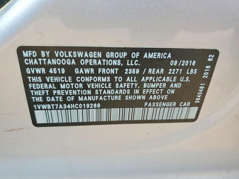 2017 Volkswagen Passat მანქანა იყიდება აუქციონზე, vin: 1VWBT7A34HC019269, აუქციონის ნომერი: 60397926