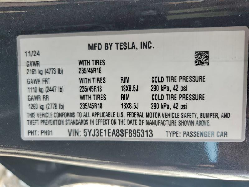 Aukcja sprzedaży 2025 Tesla Model 3, vin: 5YJ3E1EA8SF895313, numer aukcji: 60604786