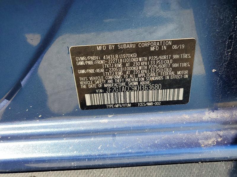 2019 Subaru Crosstrek მანქანა იყიდება აუქციონზე, vin: JF2GTACC9KH363680, აუქციონის ნომერი: 61112446