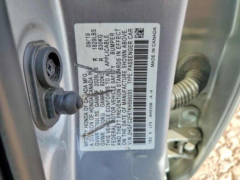 Aukcja sprzedaży 2019 Honda Civic, vin: 2HGFC2F67KH599293, numer aukcji: 61509706