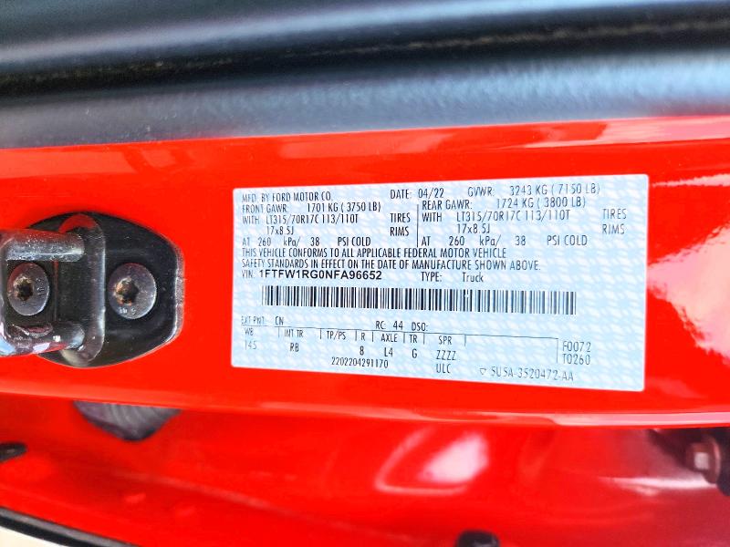 Продажа на аукционе авто 2022 Ford F150, vin: 1FTFW1RG0NFA96652, номер лота: 60770006