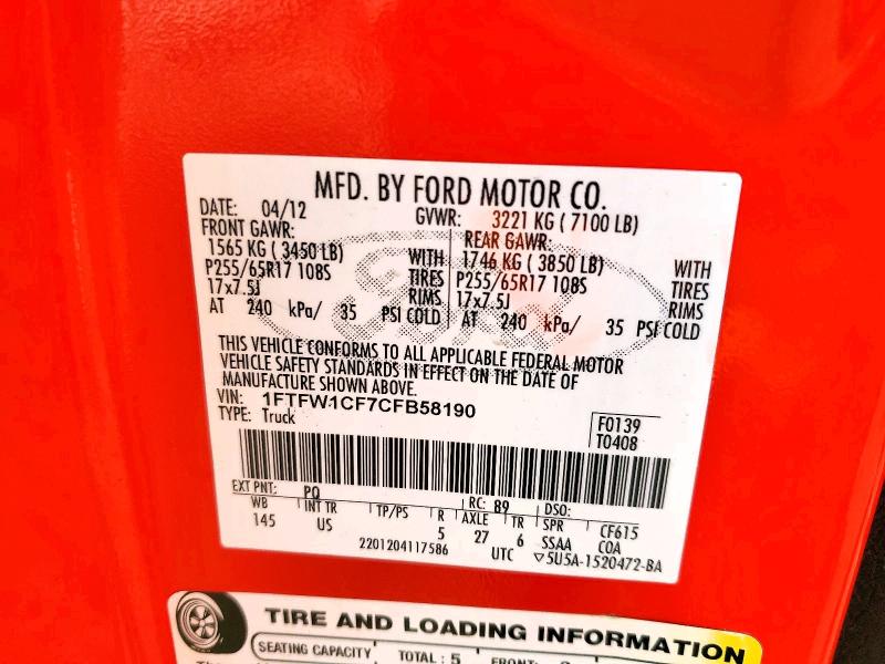 59604446 :رقم المزاد ، 1FTFW1CF7CFB58190 vin ، 2012 Ford F150 مزاد بيع