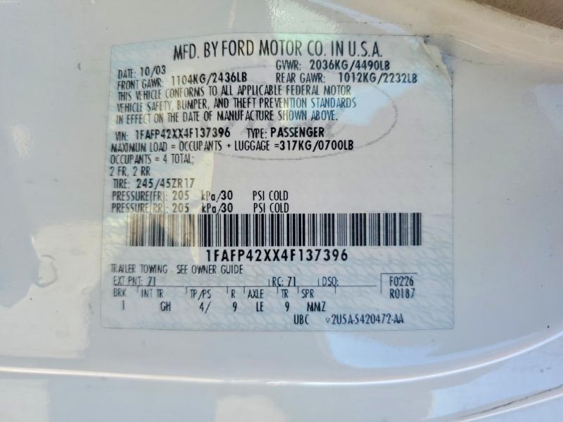 62550386 :رقم المزاد ، 1FAFP42XX4F137396 vin ، 2004 Ford Mustang مزاد بيع