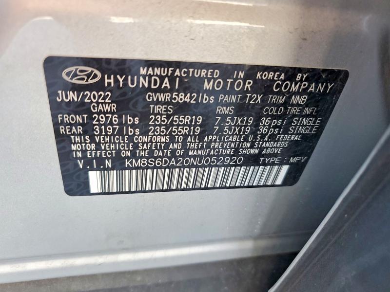 Продаж на аукціоні авто 2022 Hyundai Santa Fe, vin: KM8S6DA20NU052920, номер лоту: 59650836
