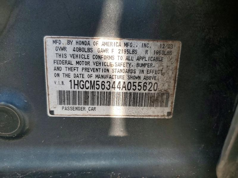 Aukcja sprzedaży 2004 Honda Accord, vin: 1HGCM56344A055620, numer aukcji: 62818046