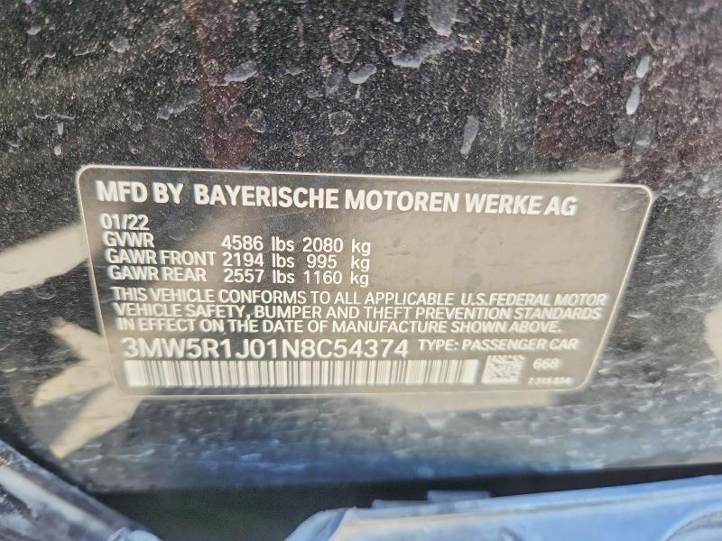 Aukcja sprzedaży 2022 Bmw 330i, vin: 3MW5R1J01N8C54374, numer aukcji: 60899486