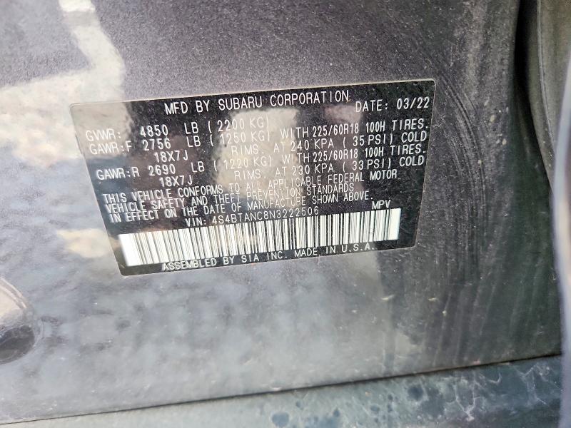Aukcja sprzedaży 2022 Subaru Outback, vin: 4S4BTANC8N3222506, numer aukcji: 63309006
