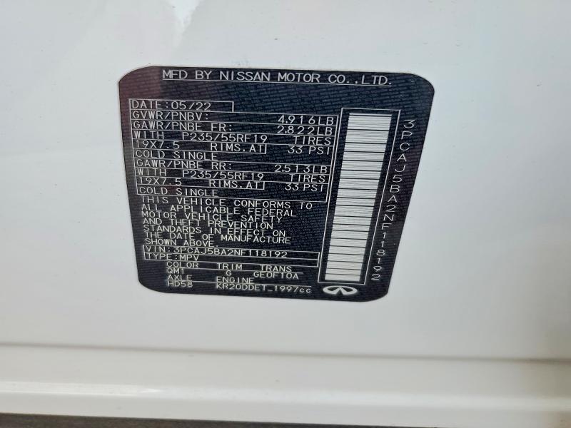 60038096 :رقم المزاد ، 3PCAJ5BA2NF118192 vin ، 2022 Infiniti Qx50 مزاد بيع