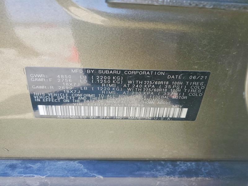 2022 Subaru Outback მანქანა იყიდება აუქციონზე, vin: 4S4BTAPC6N3102698, აუქციონის ნომერი: 61219106