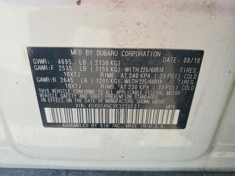 60756546 :رقم المزاد ، 4S4BSANCXK3220531 vin ، 2019 Subaru Outback مزاد بيع
