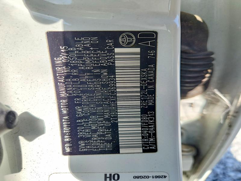 61791686 :رقم المزاد ، 2T1BURHEXFC369934 vin ، 2015 Toyota Corolla مزاد بيع