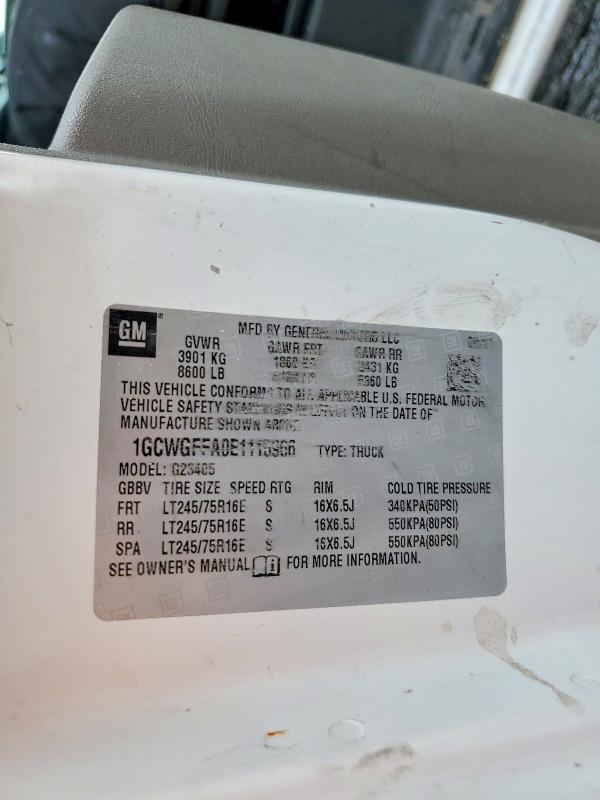Продаж на аукціоні авто 2014 Chevrolet Express G2500, vin: 1GCWGFFA0E1115966, номер лоту: 61354026