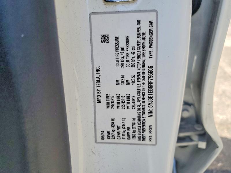 Aukcja sprzedaży 2024 Tesla Model 3, vin: 5YJ3E1EB6RF796606, numer aukcji: 60003446