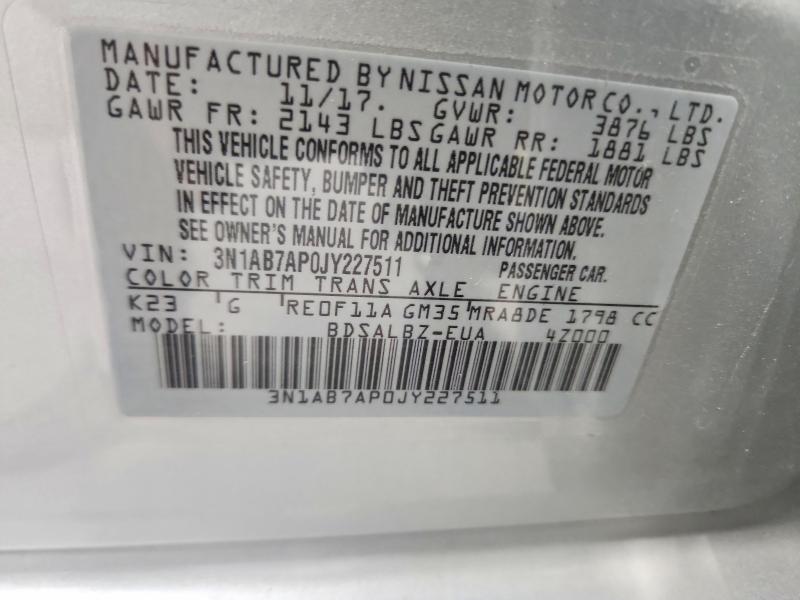 2018 Nissan Sentra მანქანა იყიდება აუქციონზე, vin: 3N1AB7AP0JY227511, აუქციონის ნომერი: 62923676