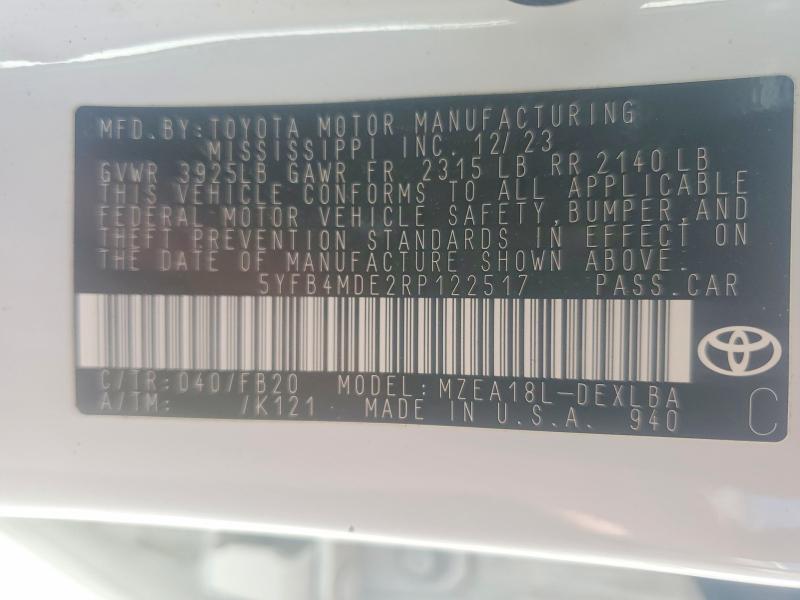 Продажа на аукционе авто 2024 Toyota Corolla, vin: 5YFB4MDE2RP122517, номер лота: 62479406