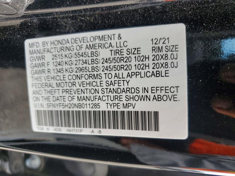 Aukcja sprzedaży 2022 Honda Pilot, vin: 5FNYF5H20NB011285, numer aukcji: 60004646